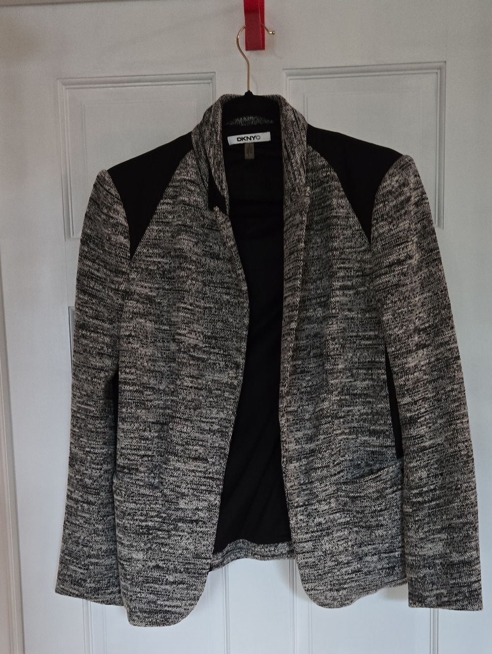 DKNY Gray and Black Tweed Open-Front Blazer